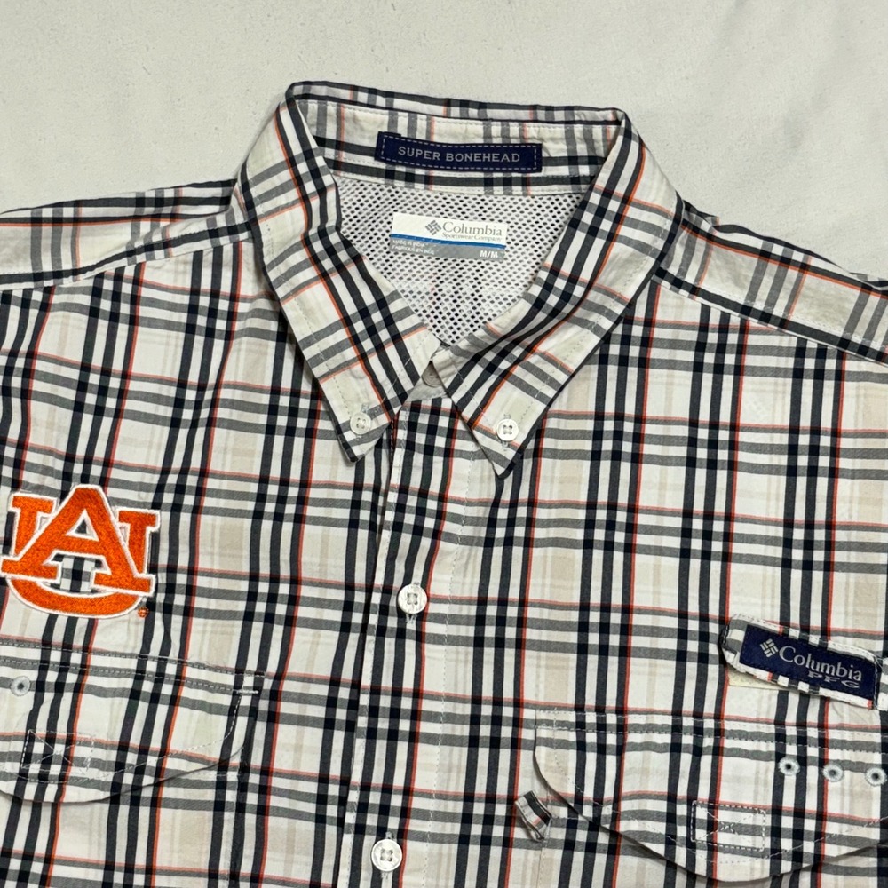 Columbia PFG Auburn Tigers Shirt Mens Medium White Plaid Super Bonehead Fishing
